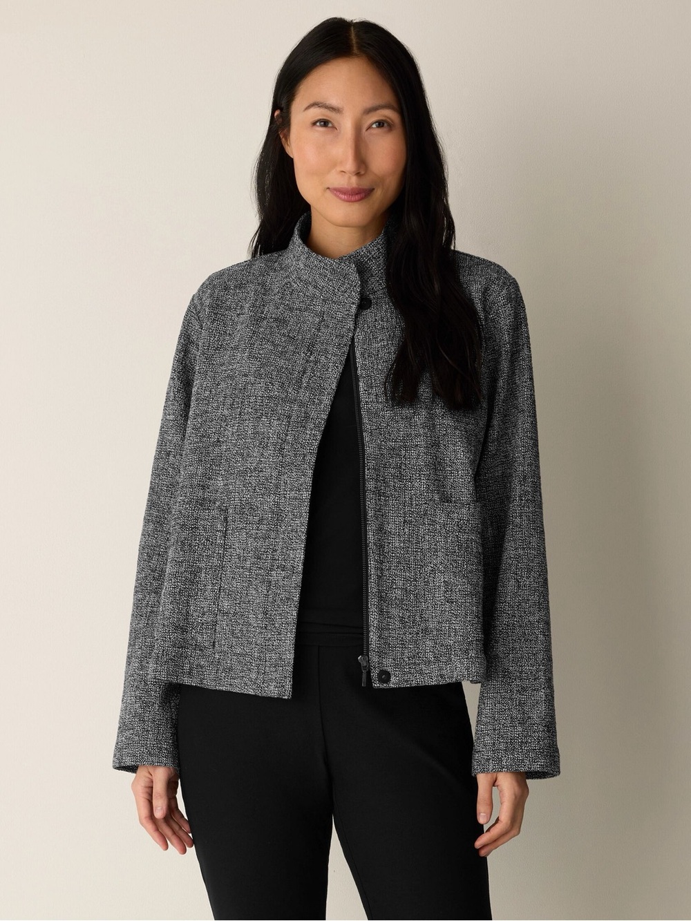 EILEEN FISHER Organic Cotton Tweed Stand Collar Jacket Gray Black S Classic Coat